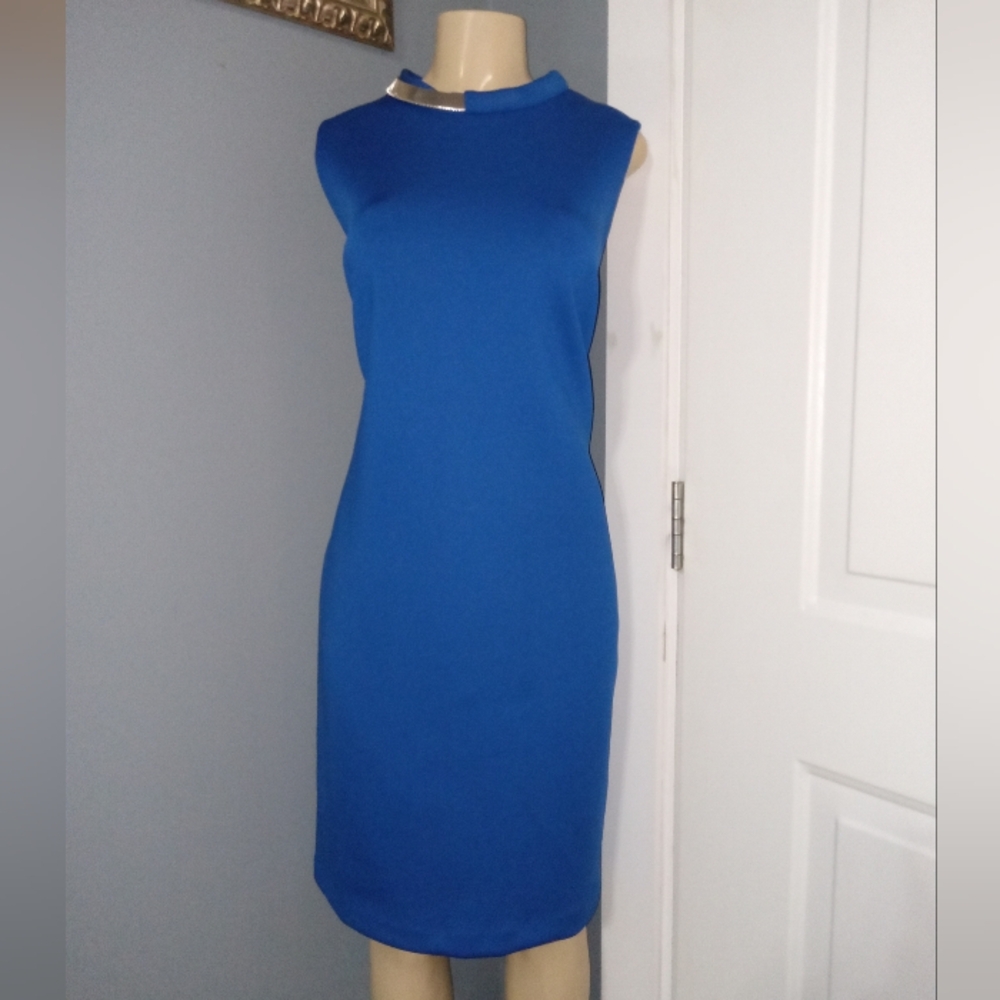 Sleeveless Royal Blue Sheath Dress with Metallic Neck Detail